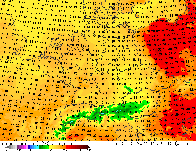 Sıcaklık Haritası (2m) Arpege-eu Sa 28.05.2024 15 UTC