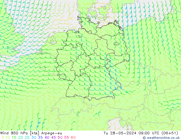 Vento 850 hPa Arpege-eu mar 28.05.2024 09 UTC