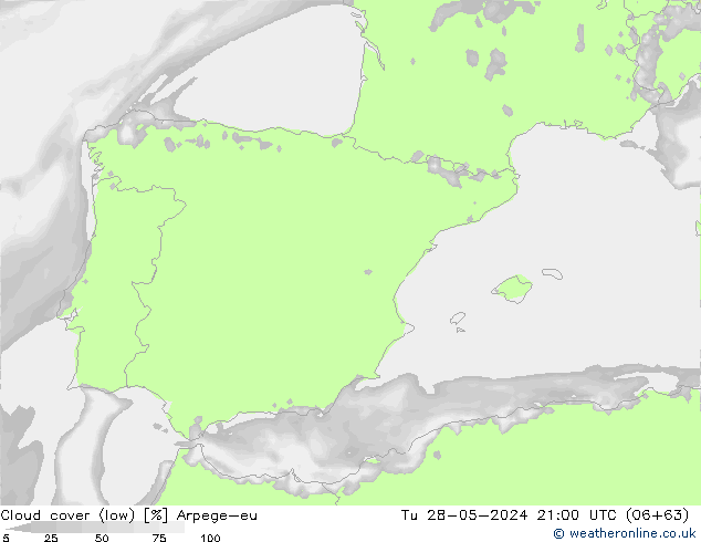 Cloud cover (low) Arpege-eu Tu 28.05.2024 21 UTC