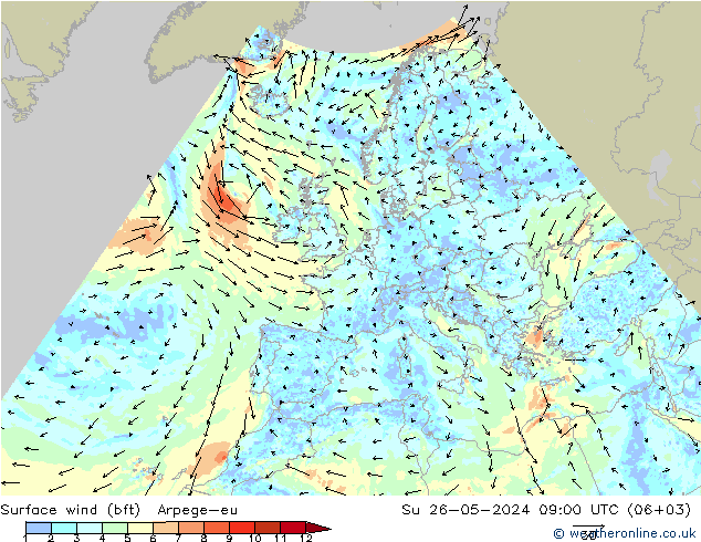 Surface wind (bft) Arpege-eu Ne 26.05.2024 09 UTC