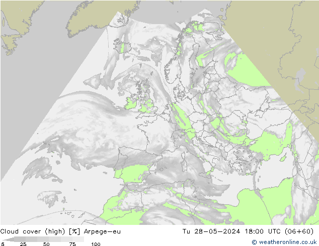 Cloud cover (high) Arpege-eu Tu 28.05.2024 18 UTC