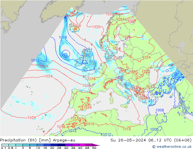 Précipitation (6h) Arpege-eu dim 26.05.2024 12 UTC