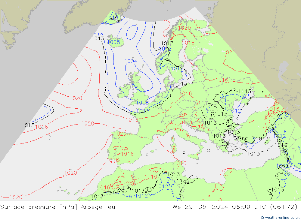 Atmosférický tlak Arpege-eu St 29.05.2024 06 UTC
