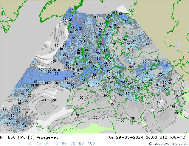 RH 850 hPa Arpege-eu Qua 29.05.2024 06 UTC