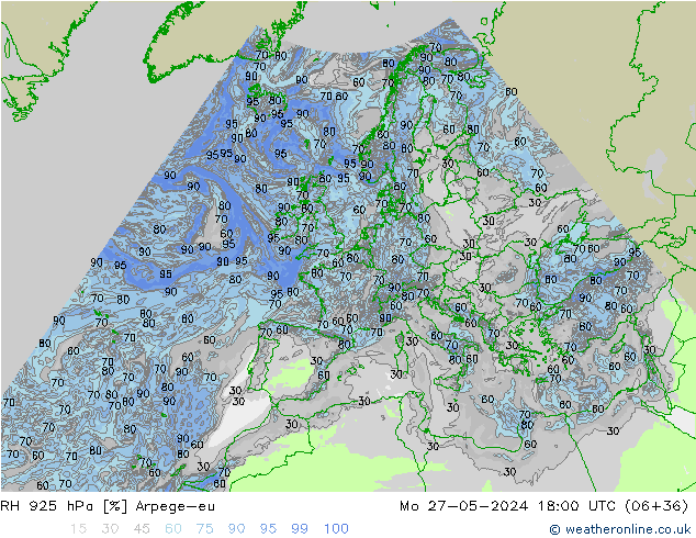 RH 925 hPa Arpege-eu Mo 27.05.2024 18 UTC