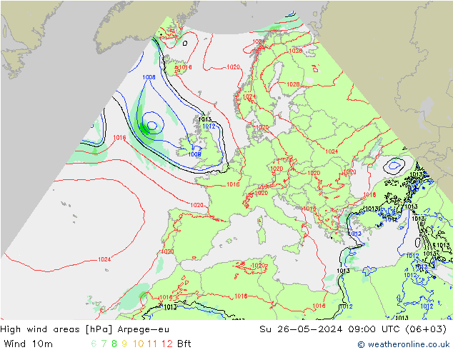 High wind areas Arpege-eu Ne 26.05.2024 09 UTC