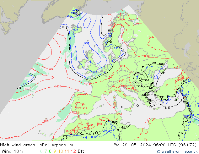 High wind areas Arpege-eu Qua 29.05.2024 06 UTC