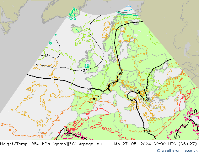 Height/Temp. 850 hPa Arpege-eu Mo 27.05.2024 09 UTC