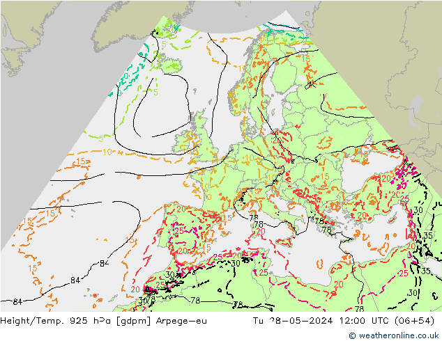 Height/Temp. 925 hPa Arpege-eu Tu 28.05.2024 12 UTC