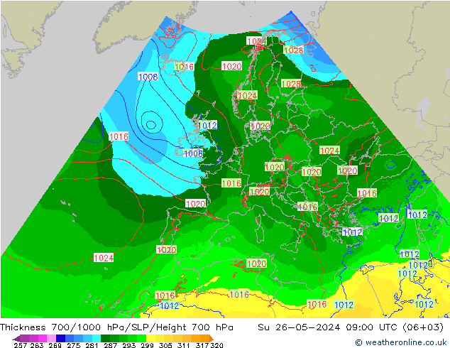 Thck 700-1000 hPa Arpege-eu  26.05.2024 09 UTC