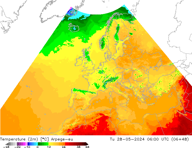 Temperature (2m) Arpege-eu Tu 28.05.2024 06 UTC