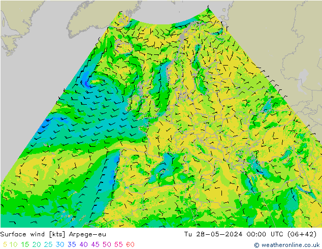 Surface wind Arpege-eu Út 28.05.2024 00 UTC