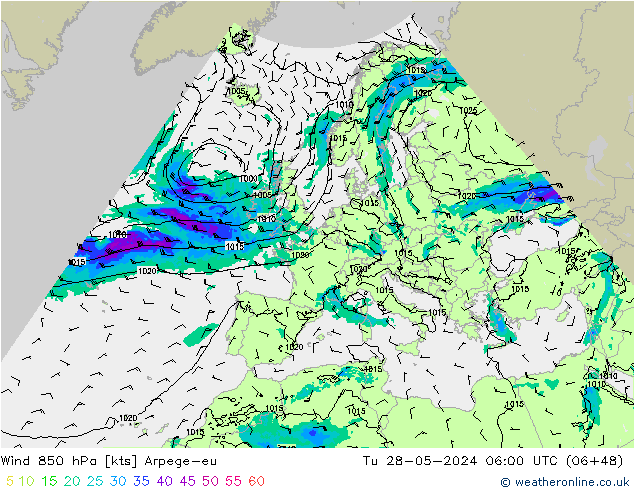 Wind 850 hPa Arpege-eu Di 28.05.2024 06 UTC