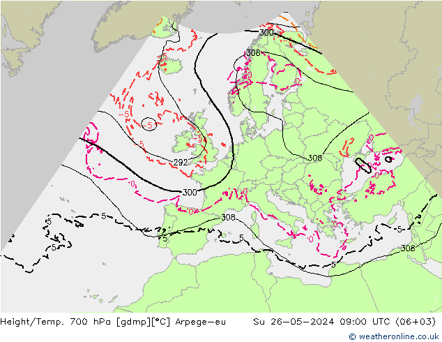 Height/Temp. 700 hPa Arpege-eu 星期日 26.05.2024 09 UTC