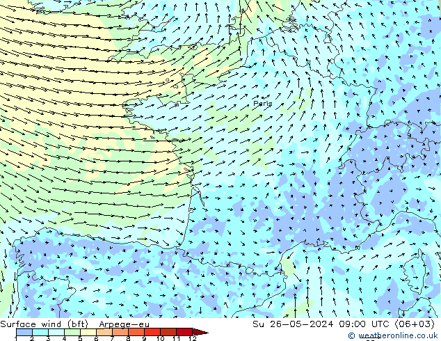 Surface wind (bft) Arpege-eu Su 26.05.2024 09 UTC