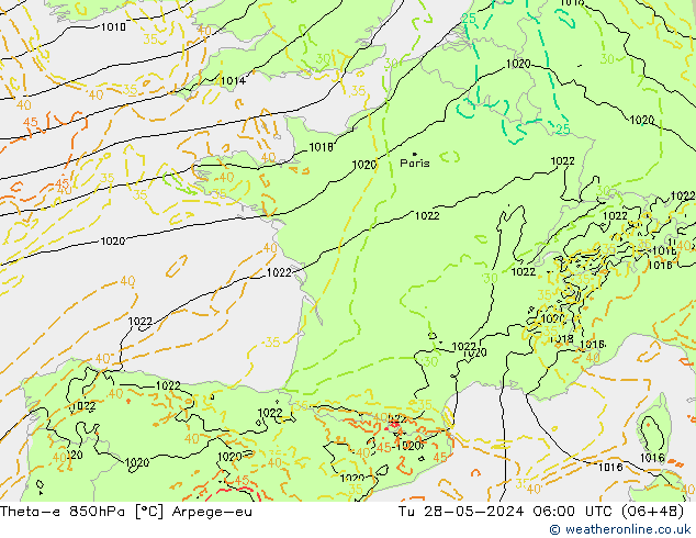 Theta-e 850hPa Arpege-eu mar 28.05.2024 06 UTC