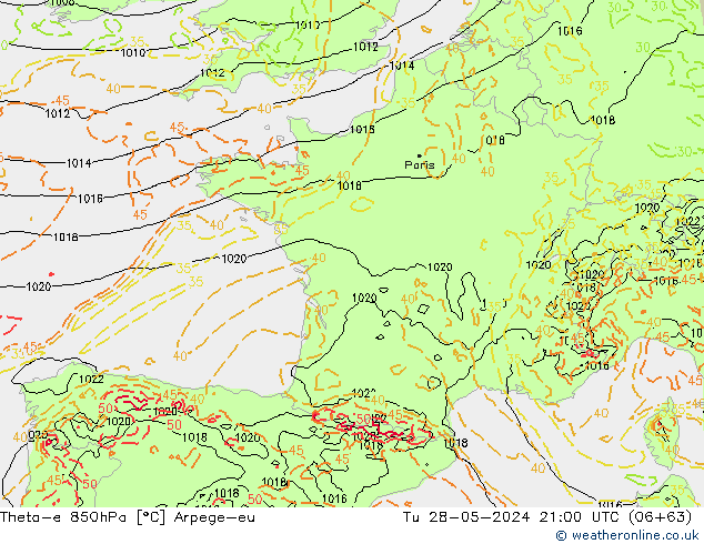 Theta-e 850hPa Arpege-eu Út 28.05.2024 21 UTC