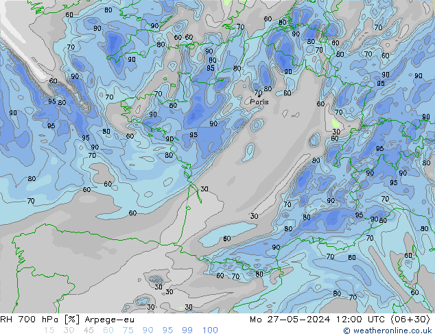 RH 700 hPa Arpege-eu Mo 27.05.2024 12 UTC