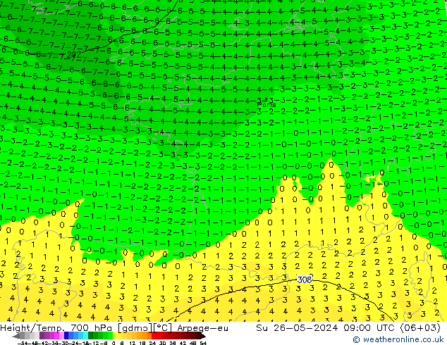 Height/Temp. 700 hPa Arpege-eu So 26.05.2024 09 UTC