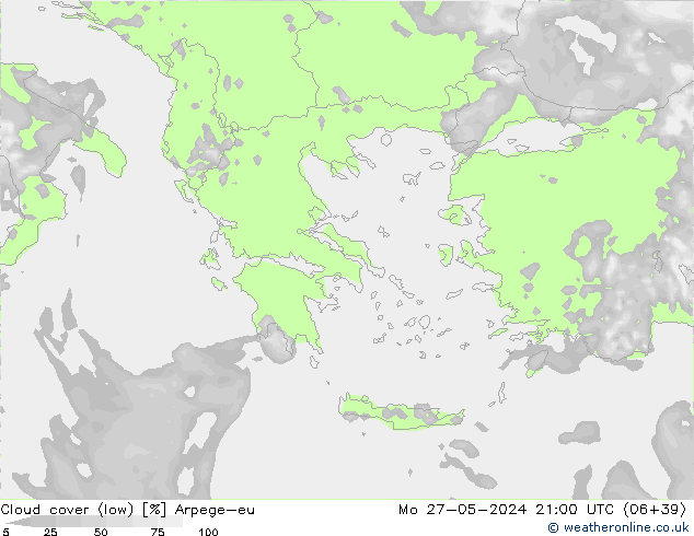 Cloud cover (low) Arpege-eu Mo 27.05.2024 21 UTC