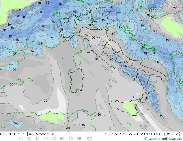 RH 700 hPa Arpege-eu Ne 26.05.2024 21 UTC