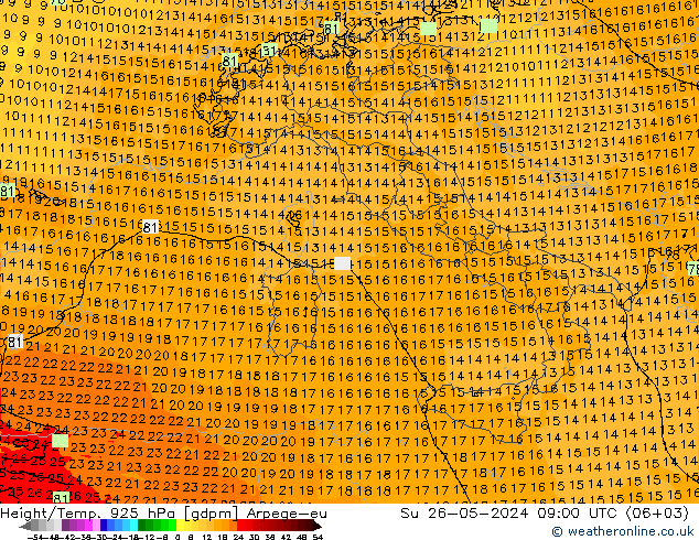 Height/Temp. 925 hPa Arpege-eu Ne 26.05.2024 09 UTC