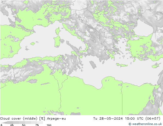 Cloud cover (middle) Arpege-eu Tu 28.05.2024 15 UTC