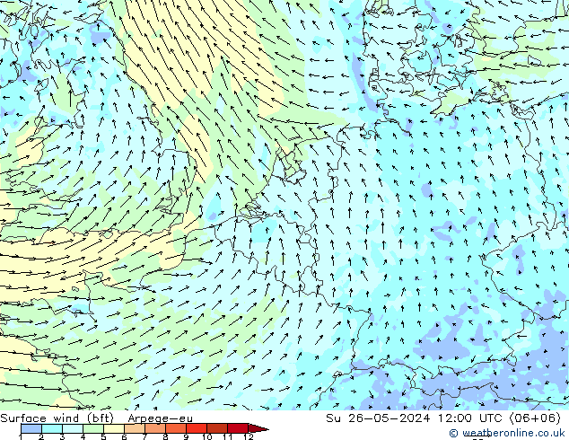 Bodenwind (bft) Arpege-eu So 26.05.2024 12 UTC