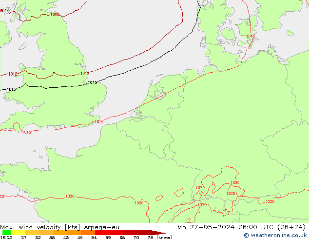 Max. wind velocity Arpege-eu Mo 27.05.2024 06 UTC