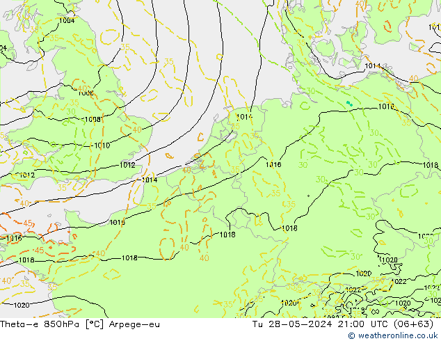 Theta-e 850hPa Arpege-eu Tu 28.05.2024 21 UTC