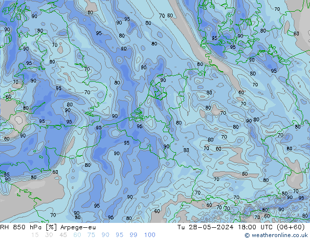 RH 850 hPa Arpege-eu Tu 28.05.2024 18 UTC