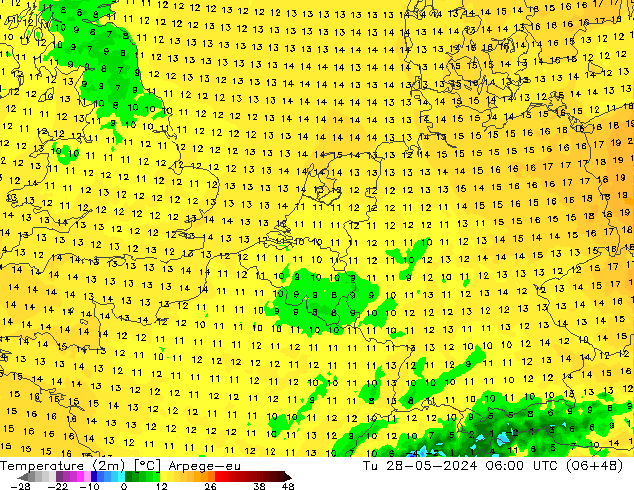 Temperature (2m) Arpege-eu Út 28.05.2024 06 UTC