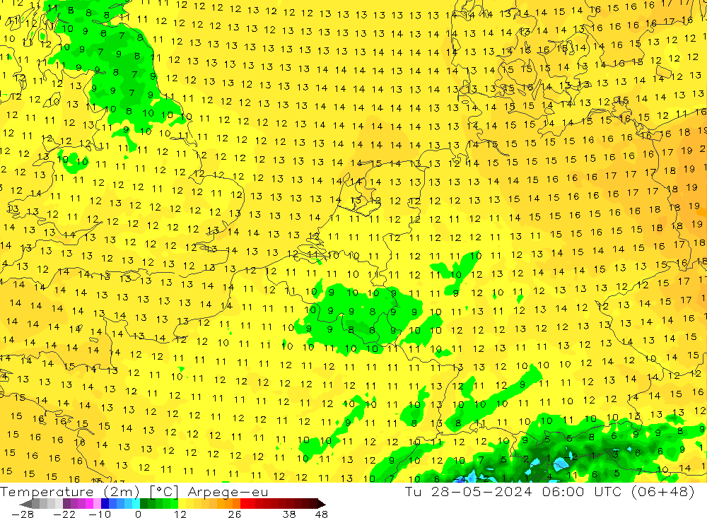 Temperature (2m) Arpege-eu Tu 28.05.2024 06 UTC