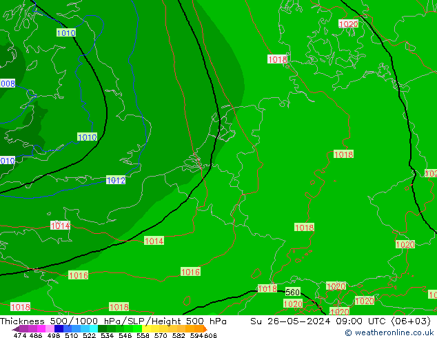 Schichtdicke 500-1000 hPa Arpege-eu So 26.05.2024 09 UTC