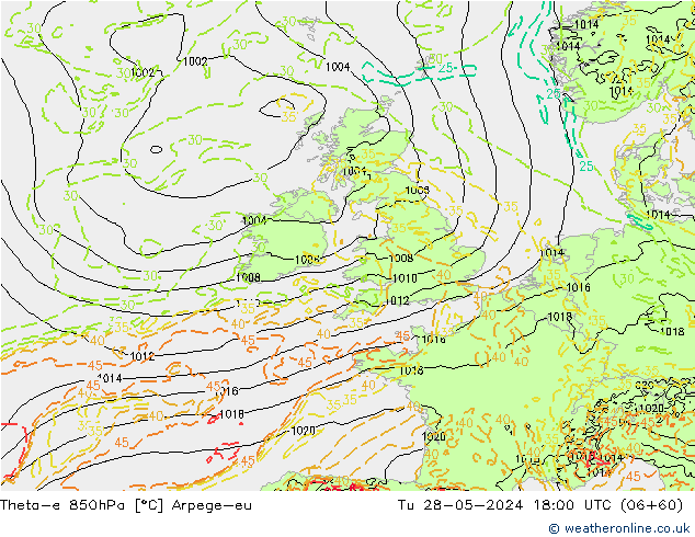 Theta-e 850гПа Arpege-eu вт 28.05.2024 18 UTC