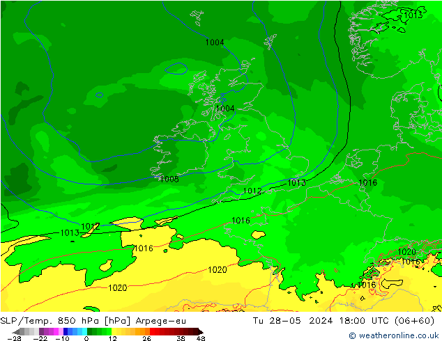 SLP/Temp. 850 hPa Arpege-eu Út 28.05.2024 18 UTC