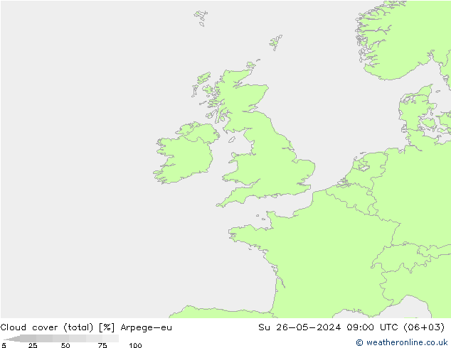 Cloud cover (total) Arpege-eu Ne 26.05.2024 09 UTC