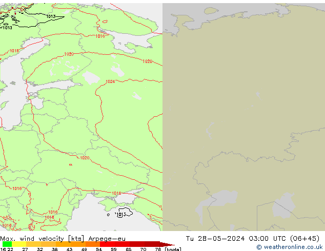 Max. wind velocity Arpege-eu  28.05.2024 03 UTC