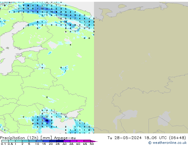 Totale neerslag (12h) Arpege-eu di 28.05.2024 06 UTC