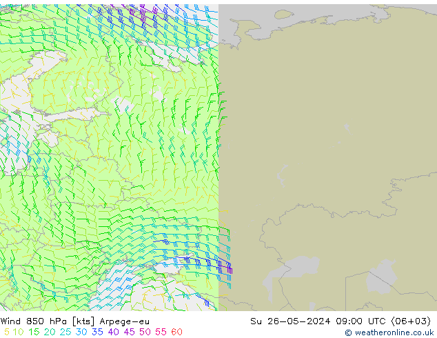 Vento 850 hPa Arpege-eu dom 26.05.2024 09 UTC