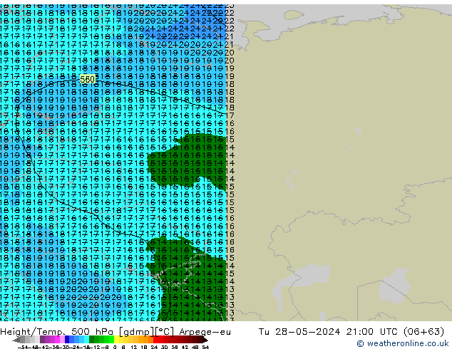 Hoogte/Temp. 500 hPa Arpege-eu di 28.05.2024 21 UTC