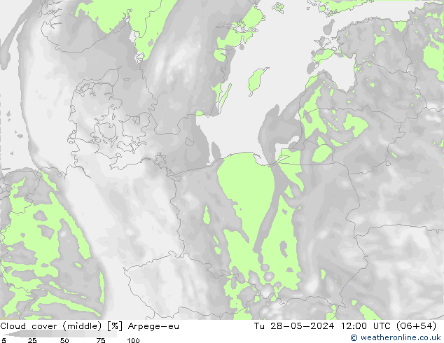 Cloud cover (middle) Arpege-eu Tu 28.05.2024 12 UTC