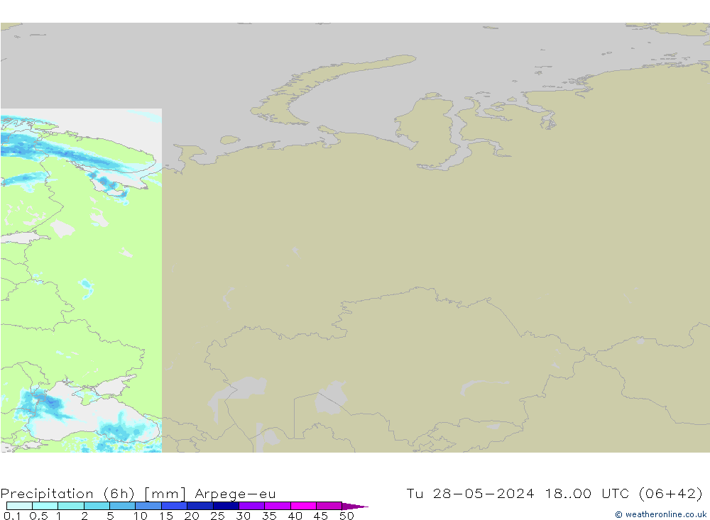 Precipitation (6h) Arpege-eu Tu 28.05.2024 00 UTC