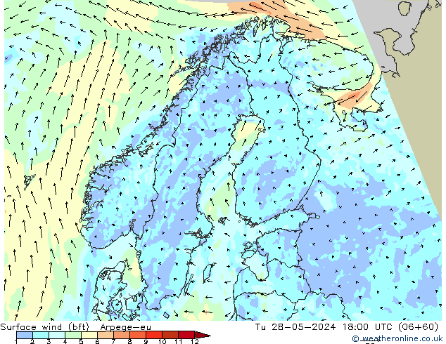 wiatr 10 m (bft) Arpege-eu wto. 28.05.2024 18 UTC