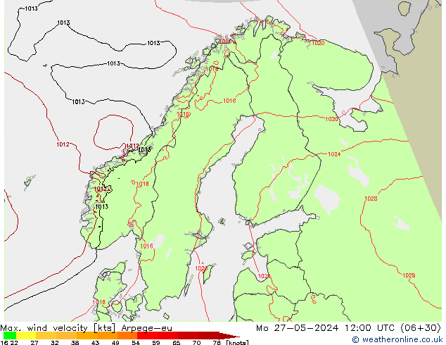 Max. wind velocity Arpege-eu Mo 27.05.2024 12 UTC