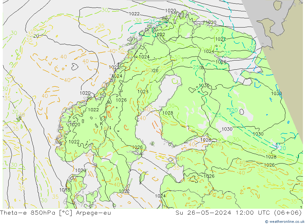 Theta-e 850hPa Arpege-eu Su 26.05.2024 12 UTC