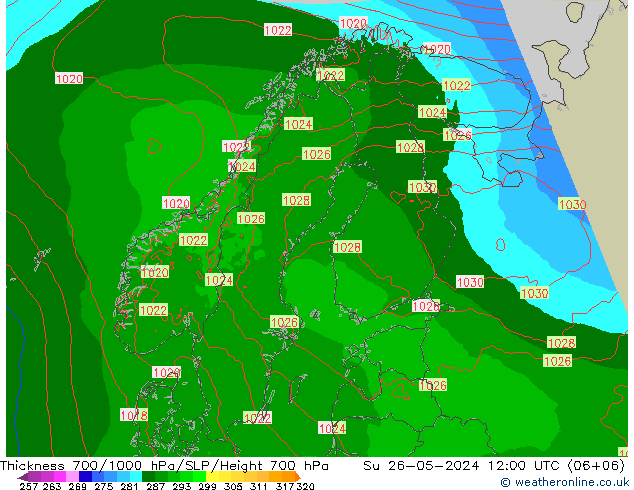 Thck 700-1000 hPa Arpege-eu Su 26.05.2024 12 UTC