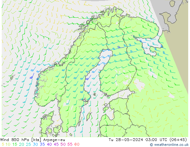 Wind 850 hPa Arpege-eu Út 28.05.2024 03 UTC