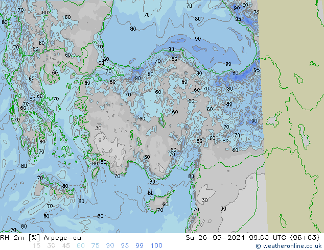 Humidité rel. 2m Arpege-eu dim 26.05.2024 09 UTC