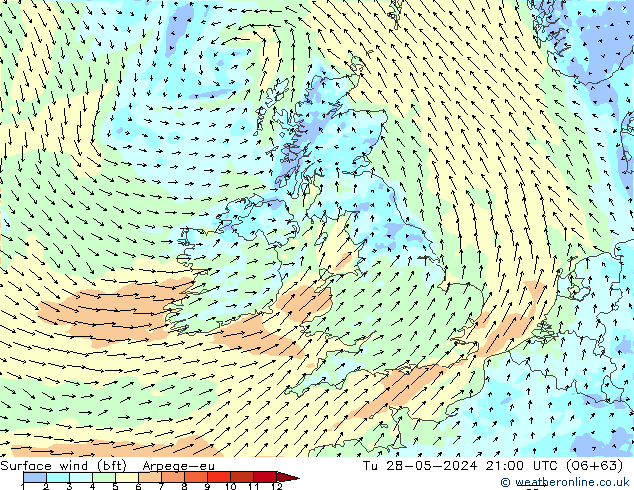 Surface wind (bft) Arpege-eu Út 28.05.2024 21 UTC